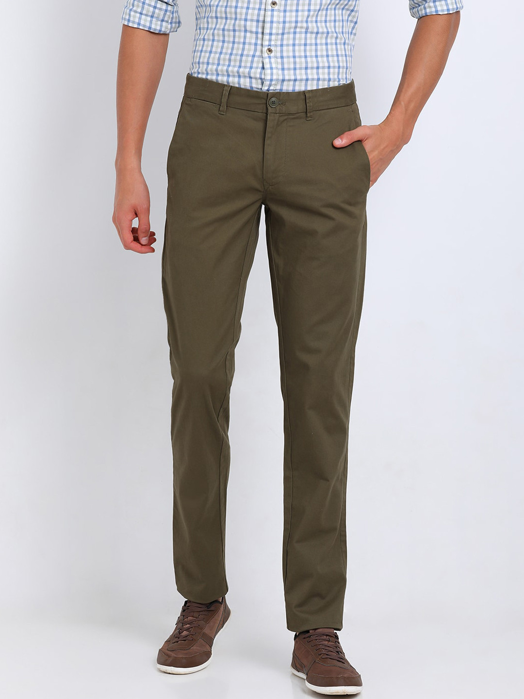 t-base Men Olive Green Easy Wash Chinos Trousers