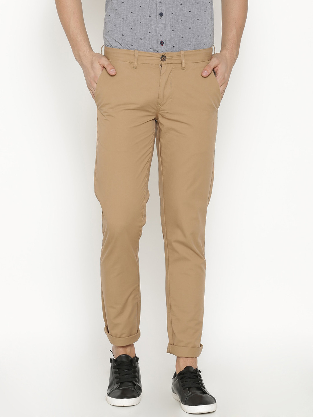 t-base Men Brown Straight Fit Easy Wash Chinos Trousers