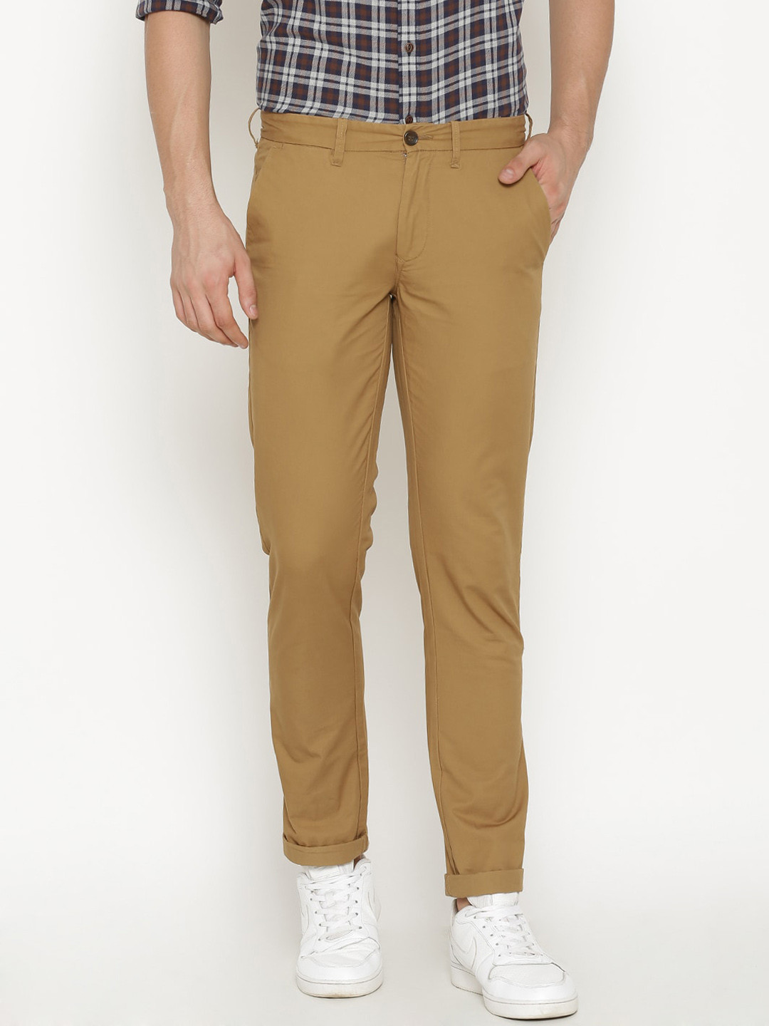 t-base Men Brown Straight Fit Easy Wash Trousers