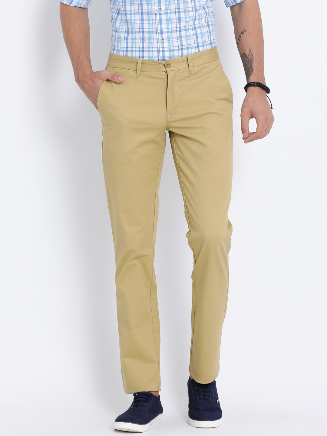 t-base Men Beige Easy Wash Chinos Trousers
