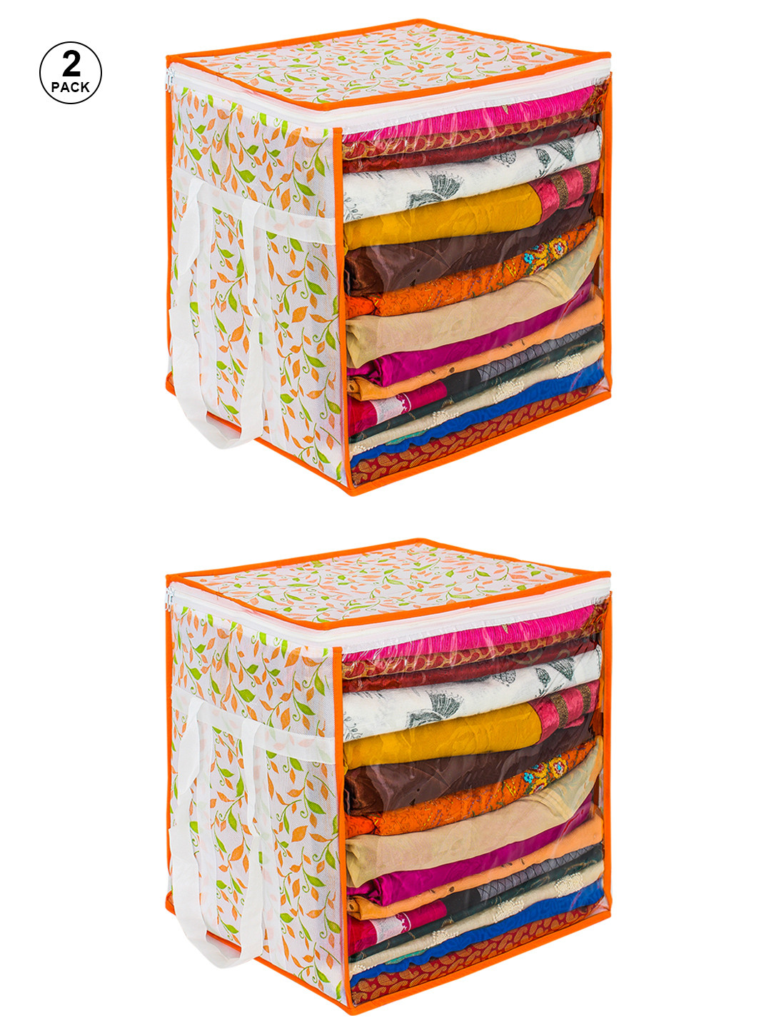 prettykrafts Set of 2 Yellow Printed Saree Organizer With Handles And Transparent Front