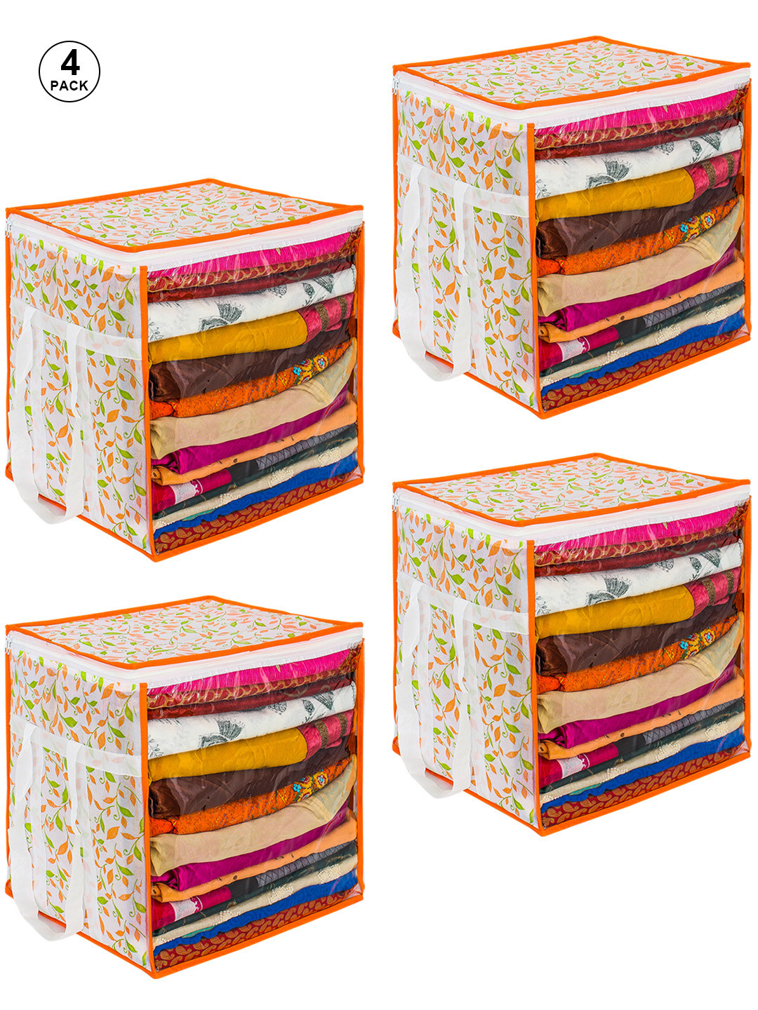 prettykrafts Set of 4 Yellow & Transparent Printed Saree Organizers