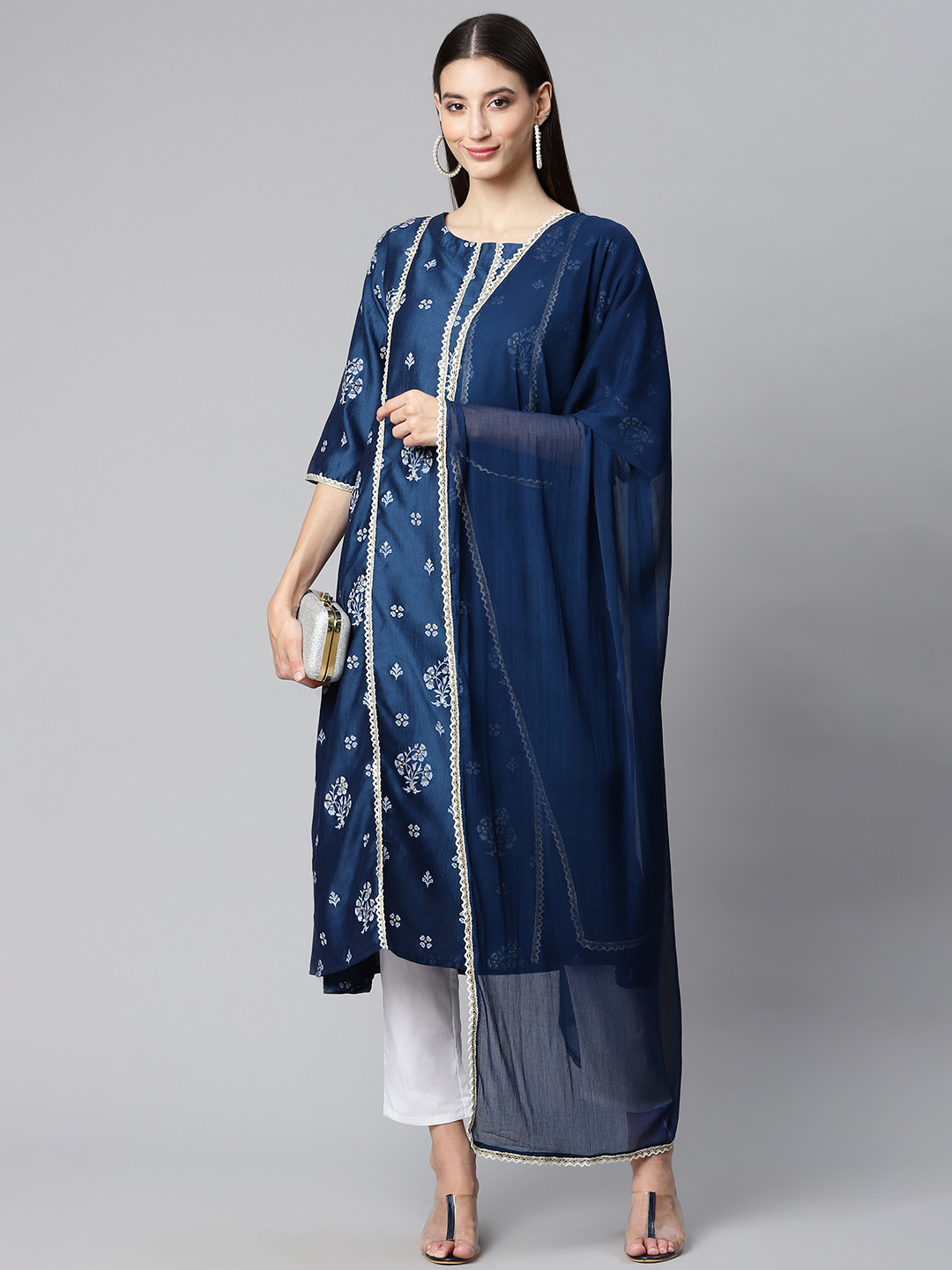 Ginni Arora Label Women Navy Blue Ethnic Motifs Printed Kurta with Trousers & With Dupatta