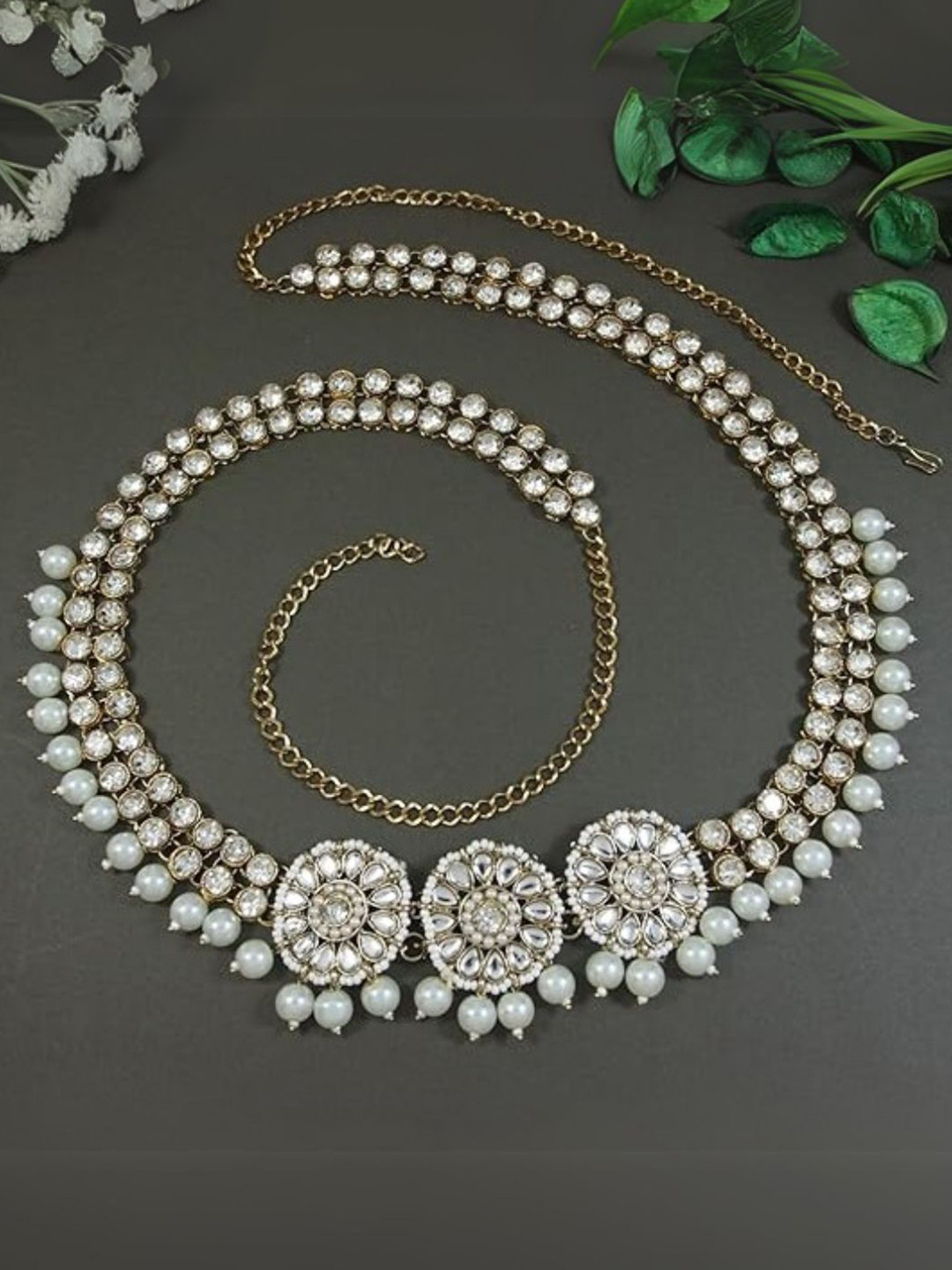 I Jewels Off-White Gold-Plated Kundan Studded & Beaded Kamarbandh