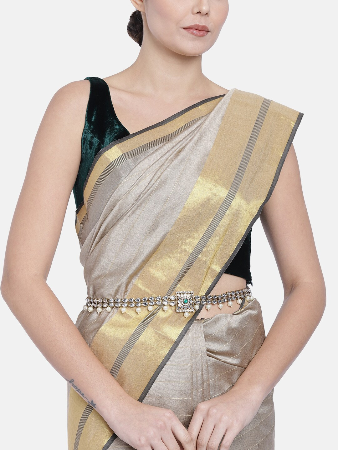 I Jewels Off-White Gold-Plated Kundan Studded & Beaded Kamarbandh