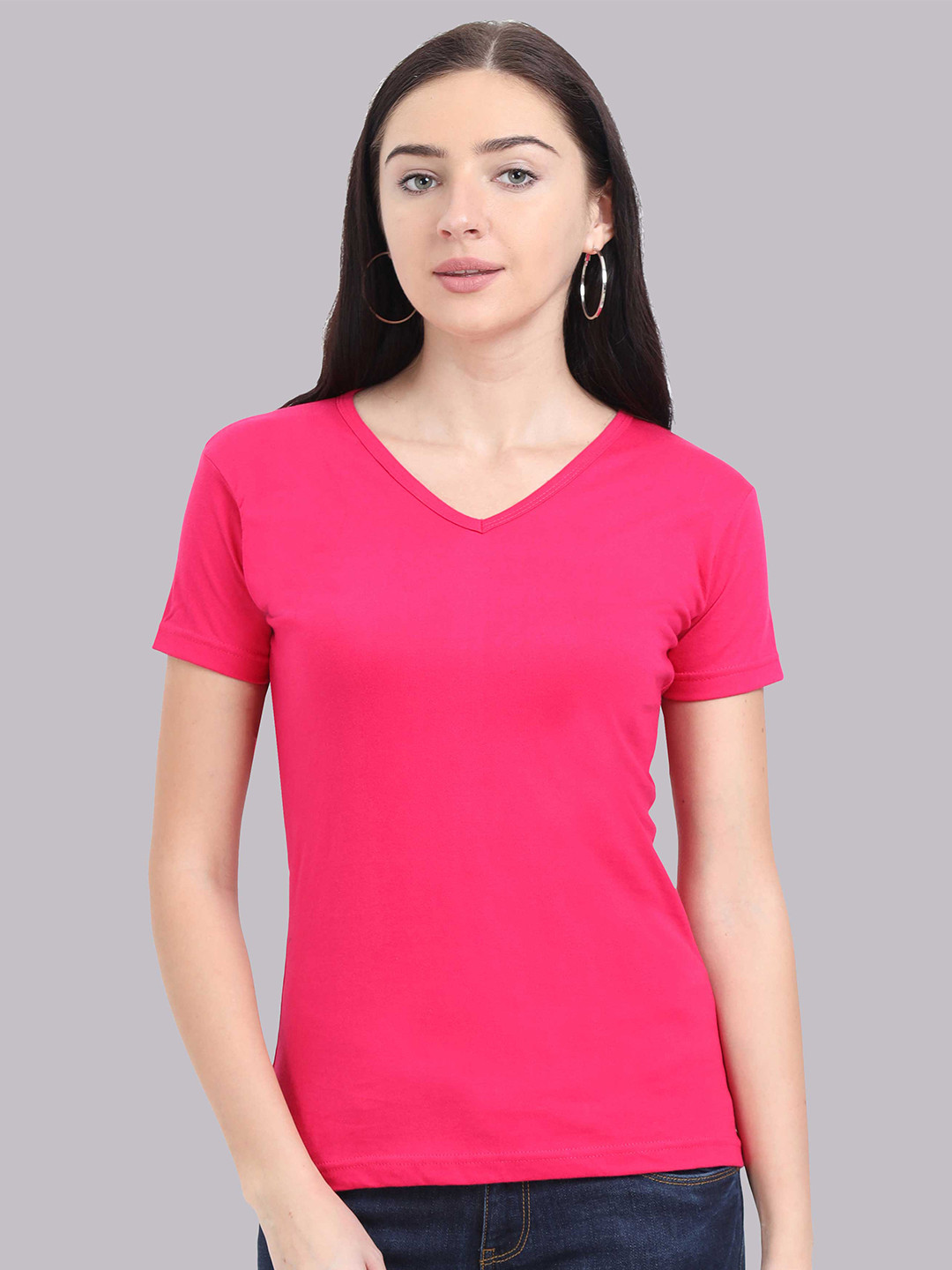 Fleximaa Women Pink V-Neck T-shirt