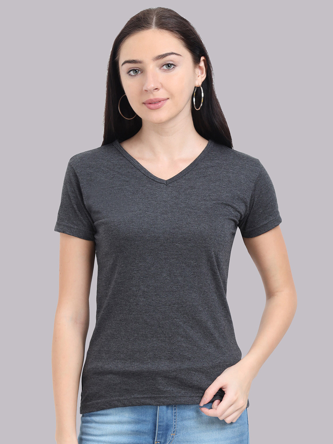 Fleximaa Women Charcoal V-Neck T-shirt