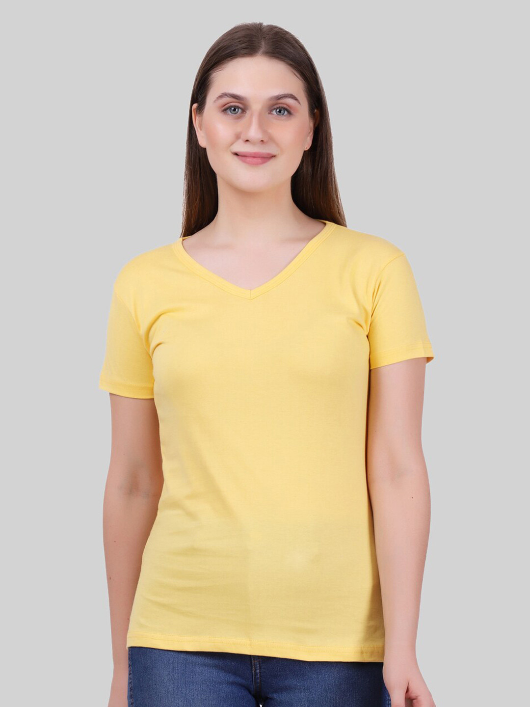 Fleximaa Women Yellow V-Neck T-shirt