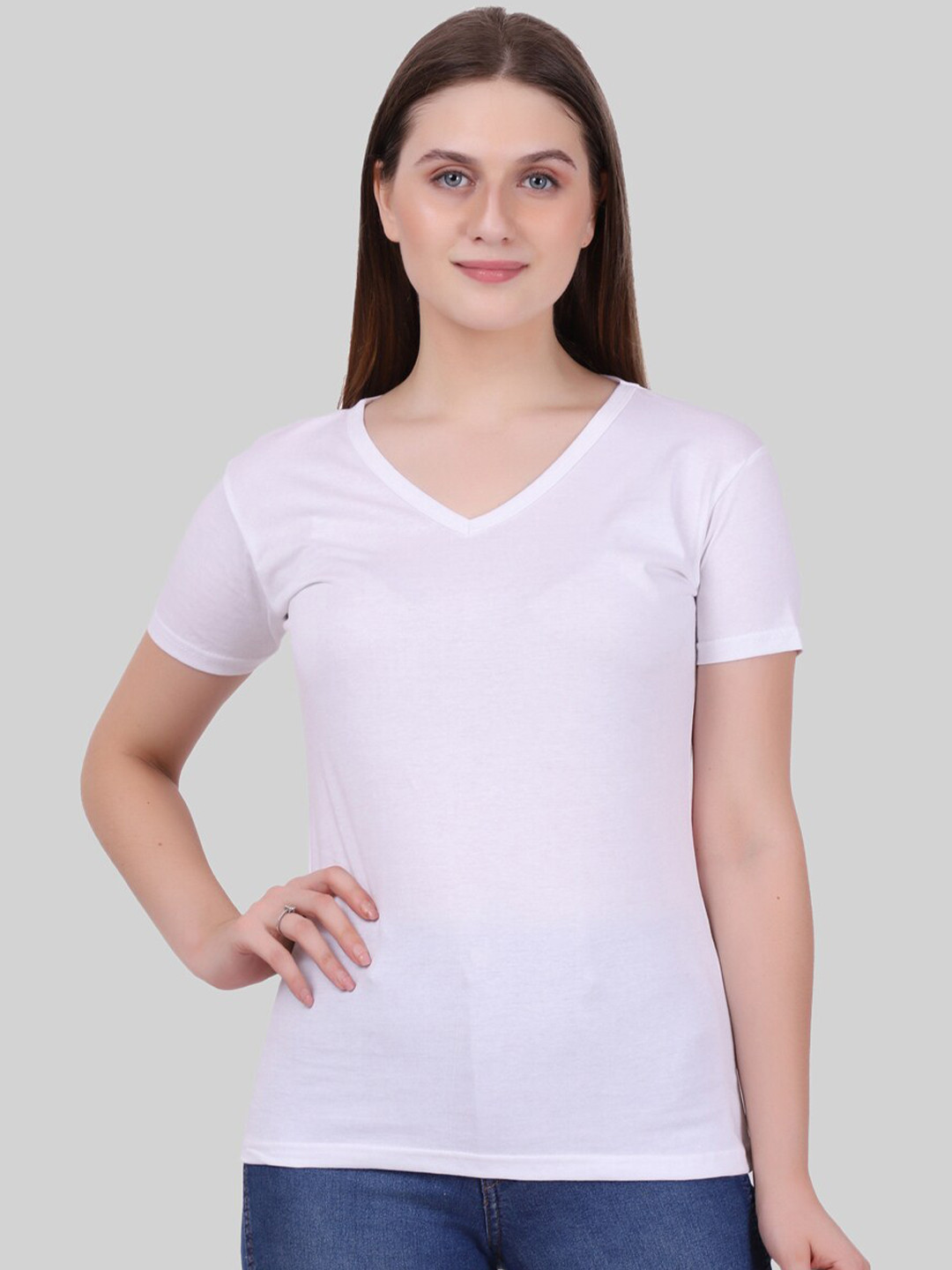 Fleximaa Women White V-Neck T-shirt
