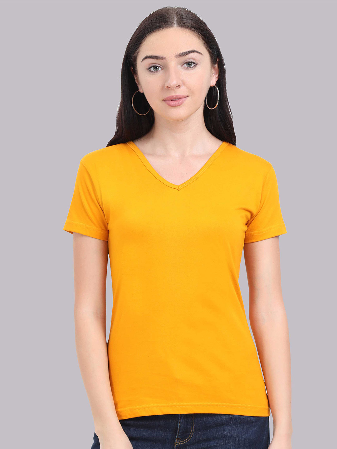 Fleximaa Women Mustard Yellow V-Neck T-shirt