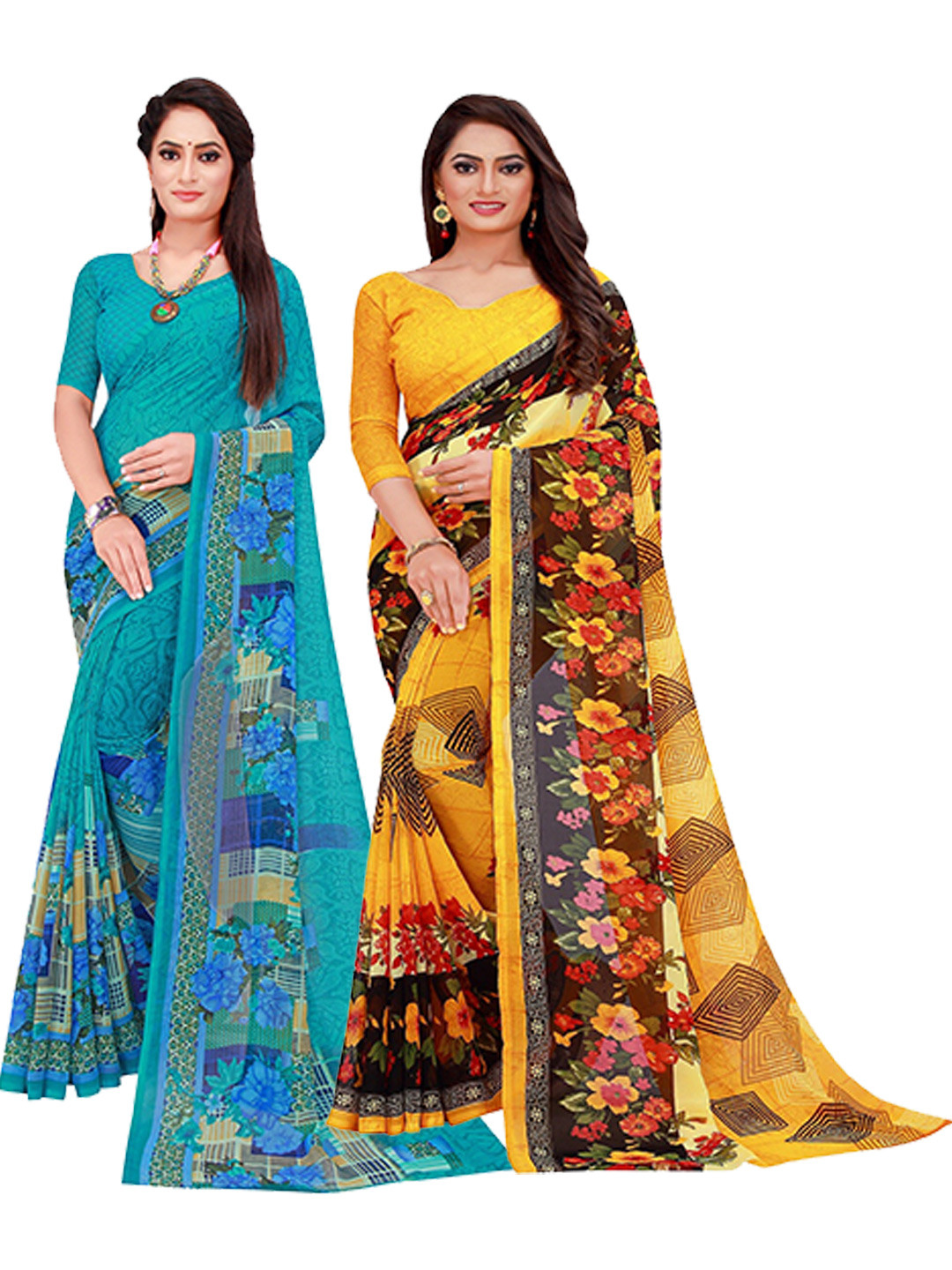 KALINI Teal & Brown Set Of 2 Floral Pure Georgette Saree