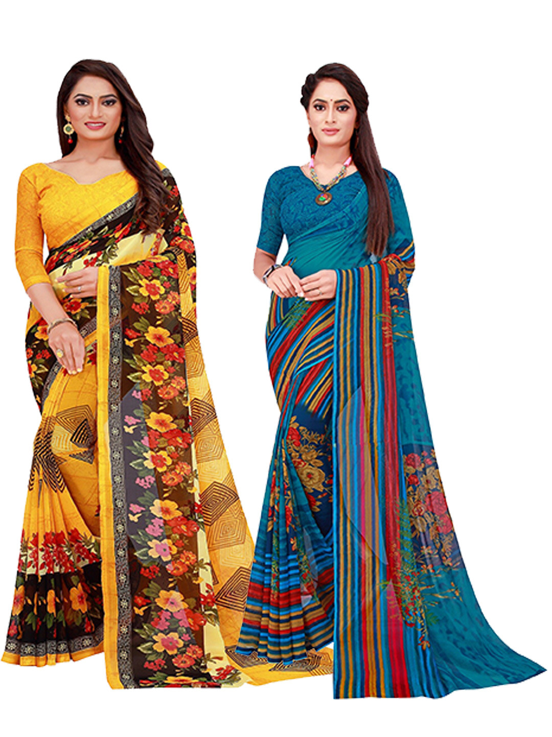 KALINI Yellow & Blue Floral Printed Pure Georgette Saree Pack Of 2