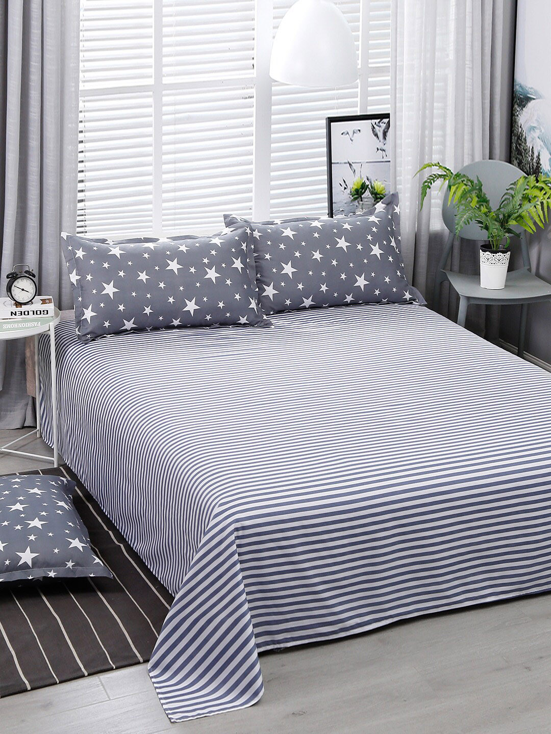 JC HOME Grey & White Striped Double King Bedding Set