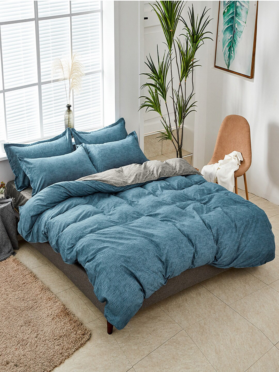 JC HOME Blue & Grey Printed Single Bedding Set