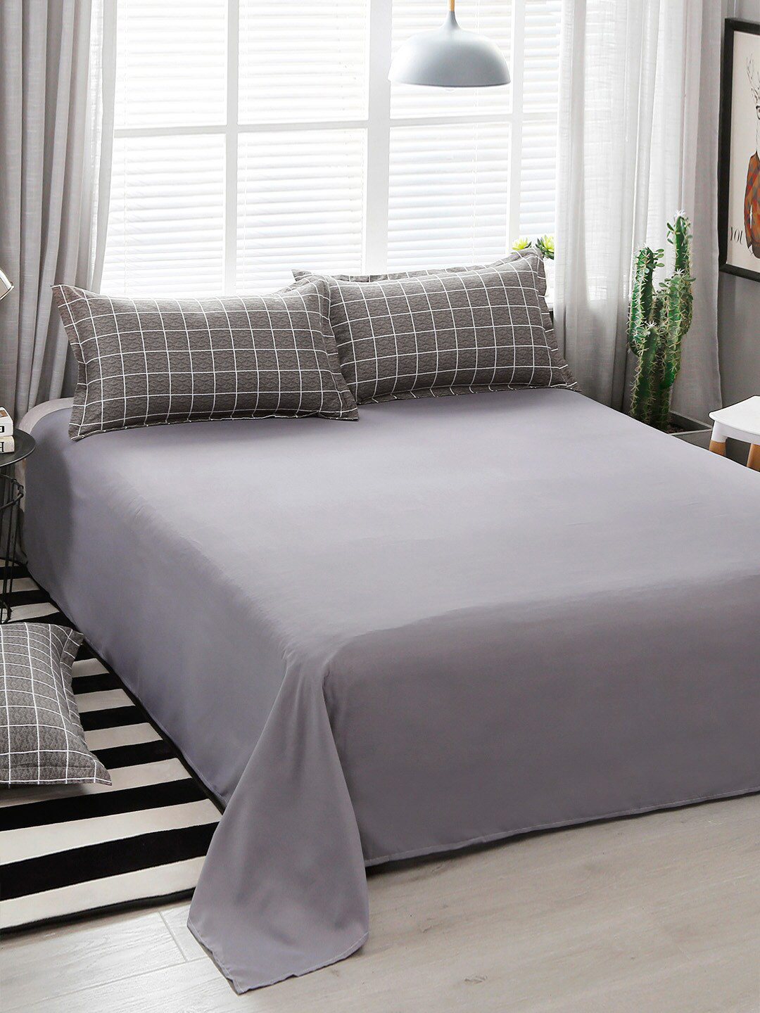 JC HOME Grey Checked Double King Bedding Set
