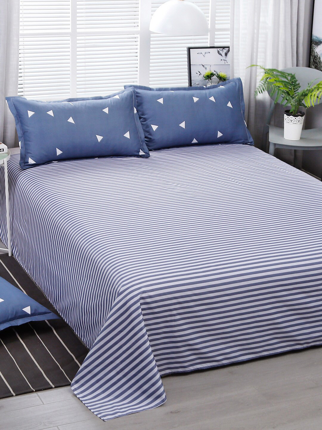 JC HOME Navy-Blue Striped Single Bedding Set with 1 Pillow Covers & Quilt Cover