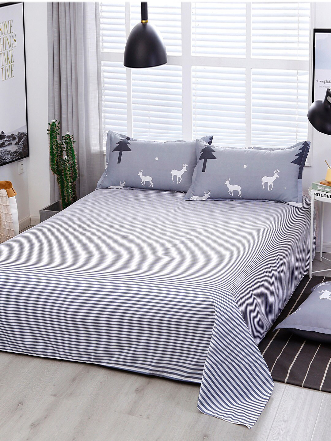 JC HOME Grey & White Striped Double King Bedding Set