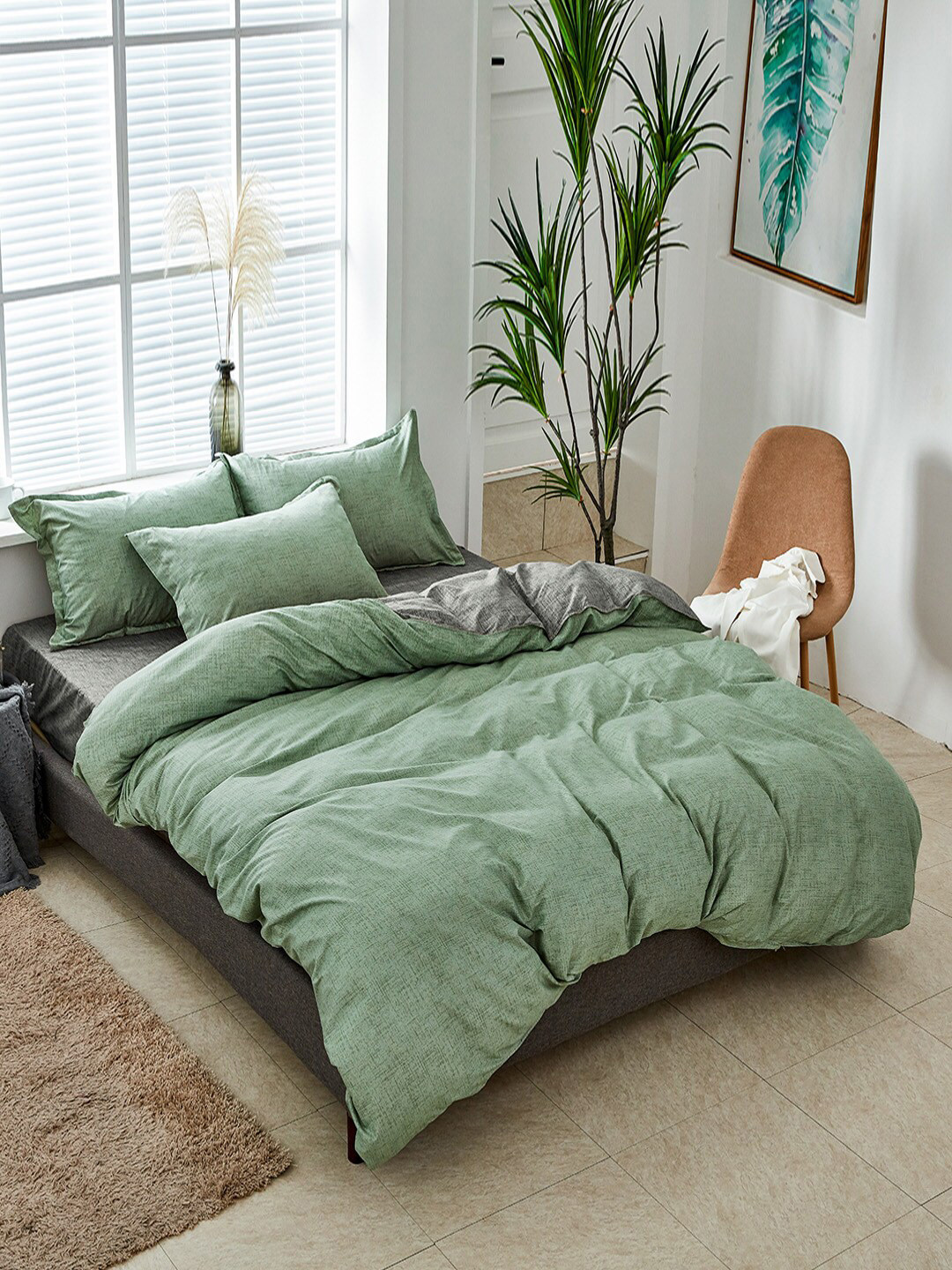 JC HOME Green & Grey Solid Double King Bedding Set