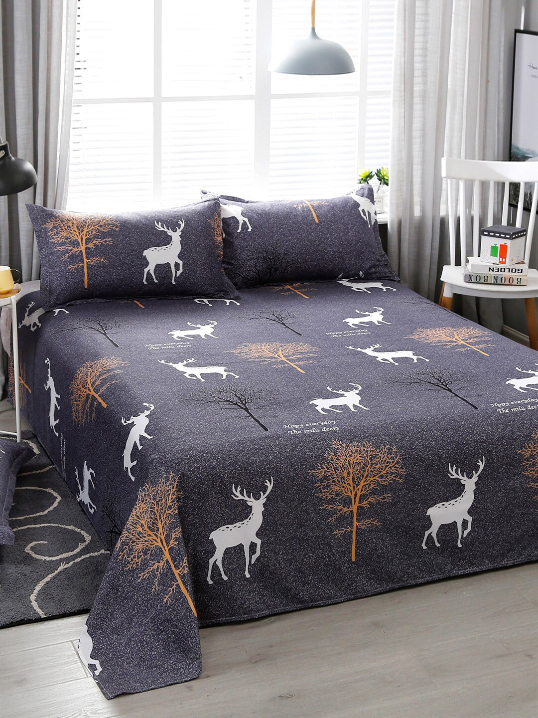 JC HOME Grey Printed Double Queen Pure Cotton Bedding Set