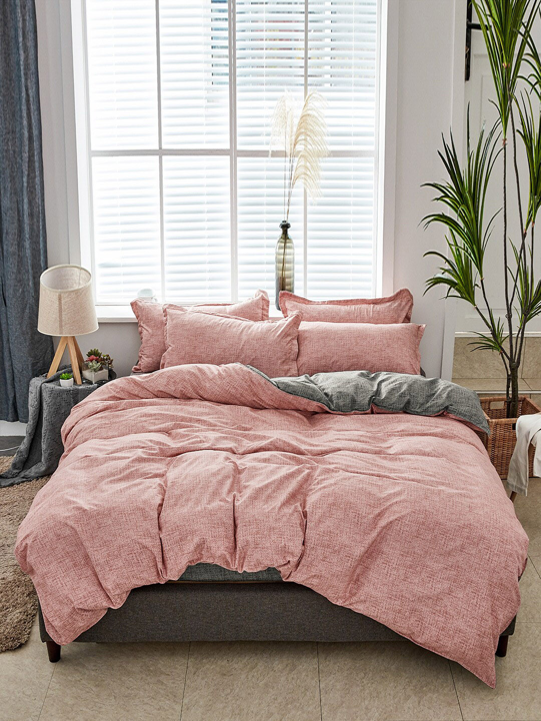 JC HOME Pink & Grey Printed Double Queen Bedding Set