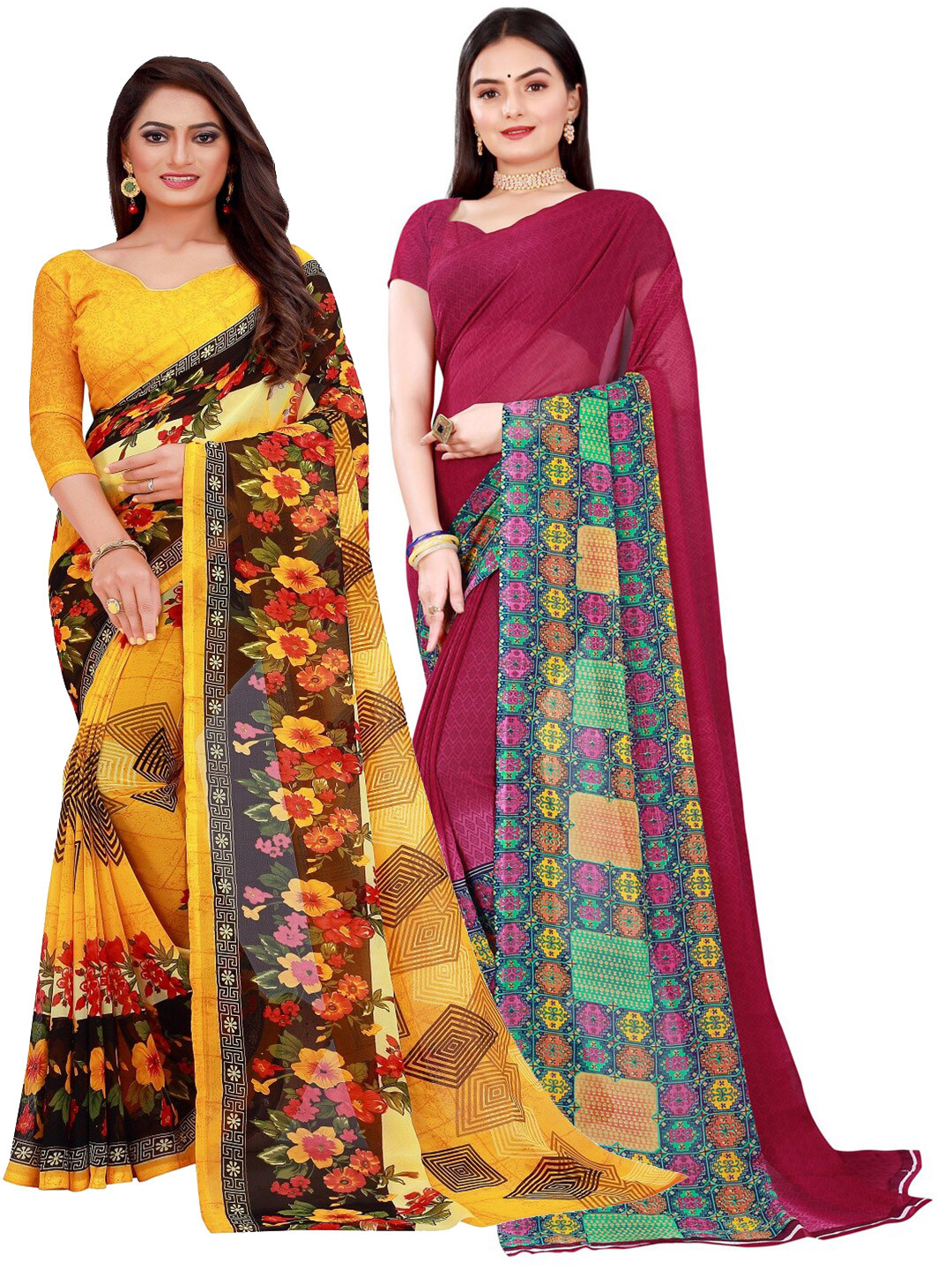 KALINI Yellow & Burgundy Set of 2 Floral Printed Georgette Saree