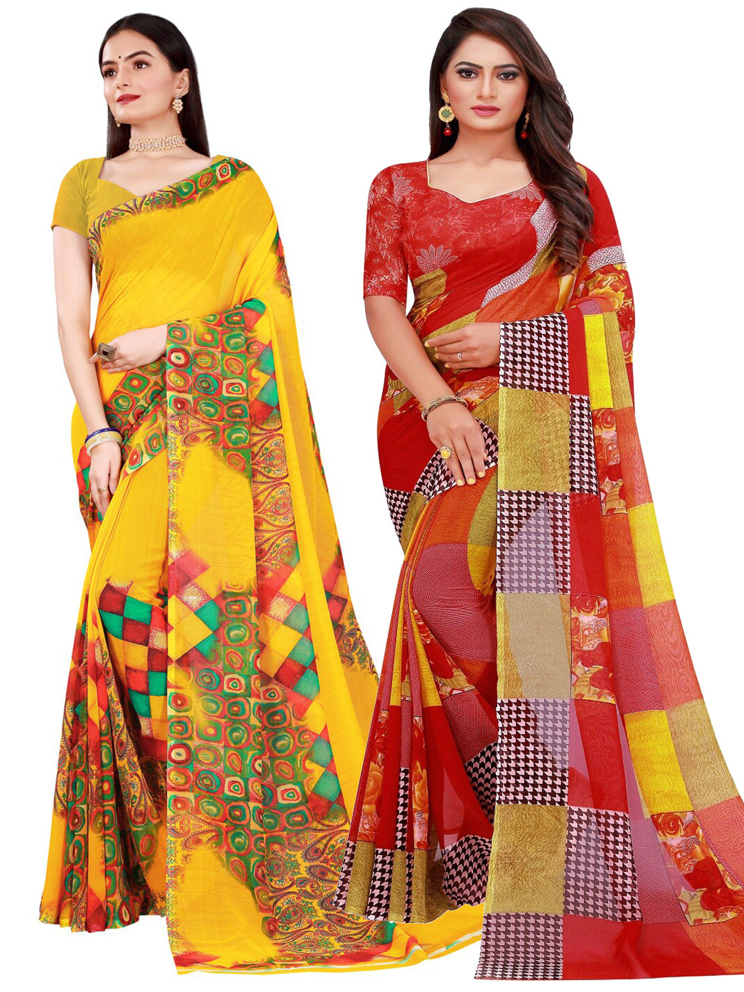 KALINI Red & Yellow Printed Pure Georgette Saree Pack Of 2