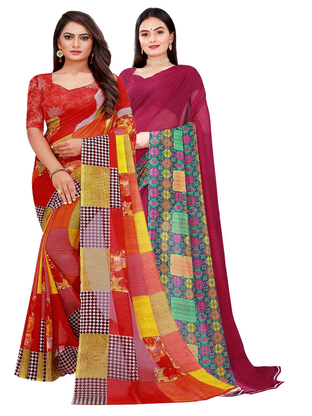 KALINI Red & Burgundy Set of 2 Floral Printed Georgette Saree