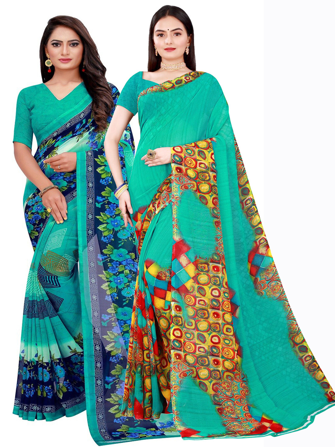 KALINI Pack of 2 Green & Teal Floral Printed Pure Georgette Saree
