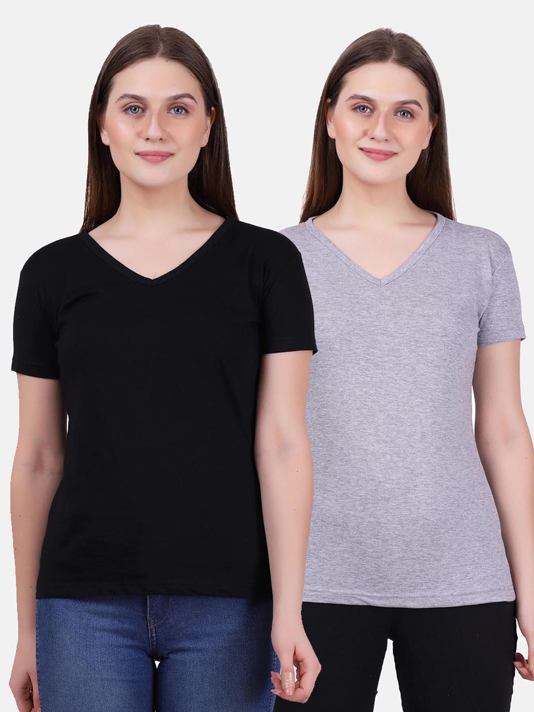 Fleximaa Women Black & Grey 2 V-Neck T-shirt