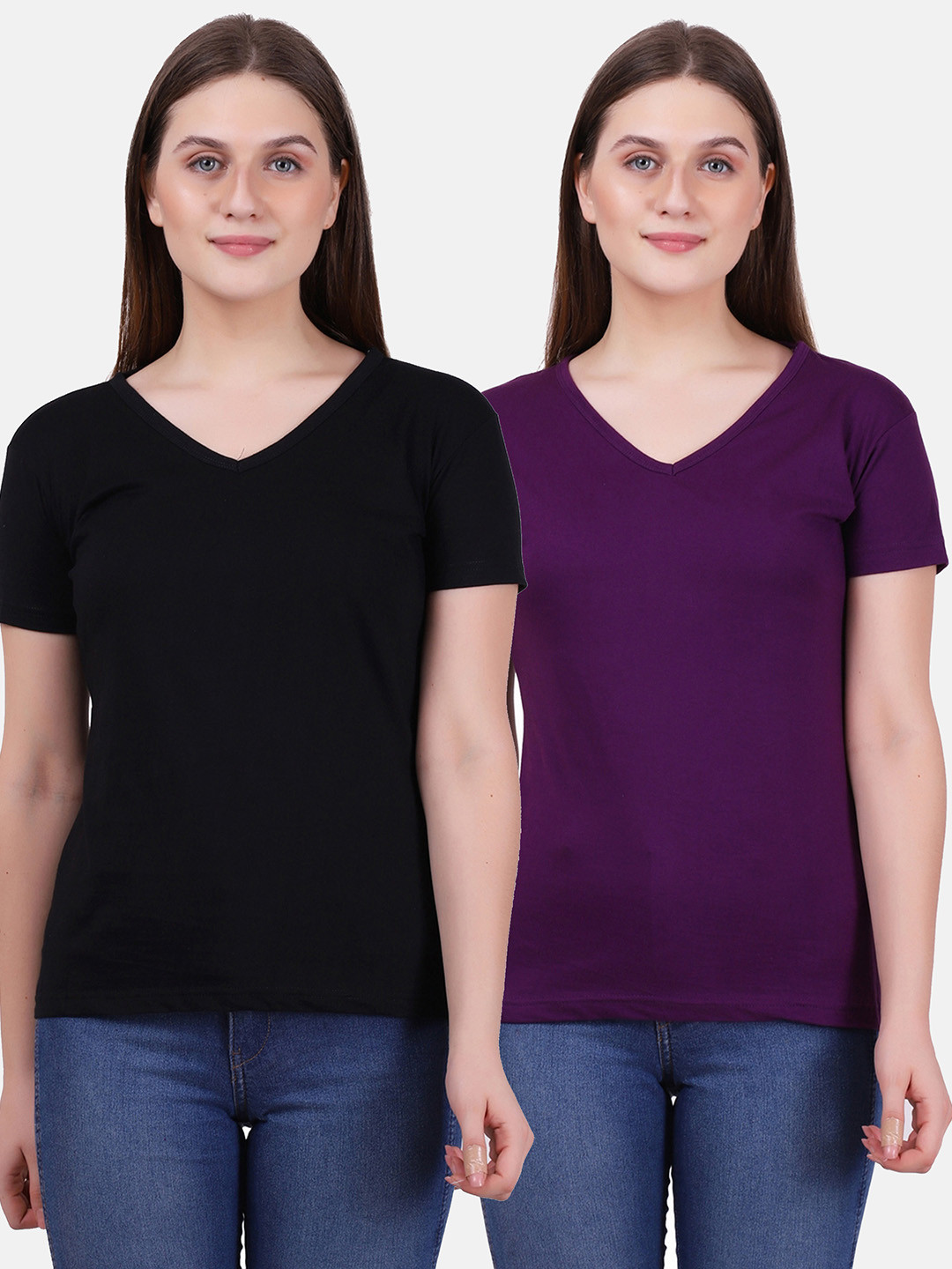 Fleximaa Women Black & Purple Set Of 2 V-Neck Cotton T-shirt
