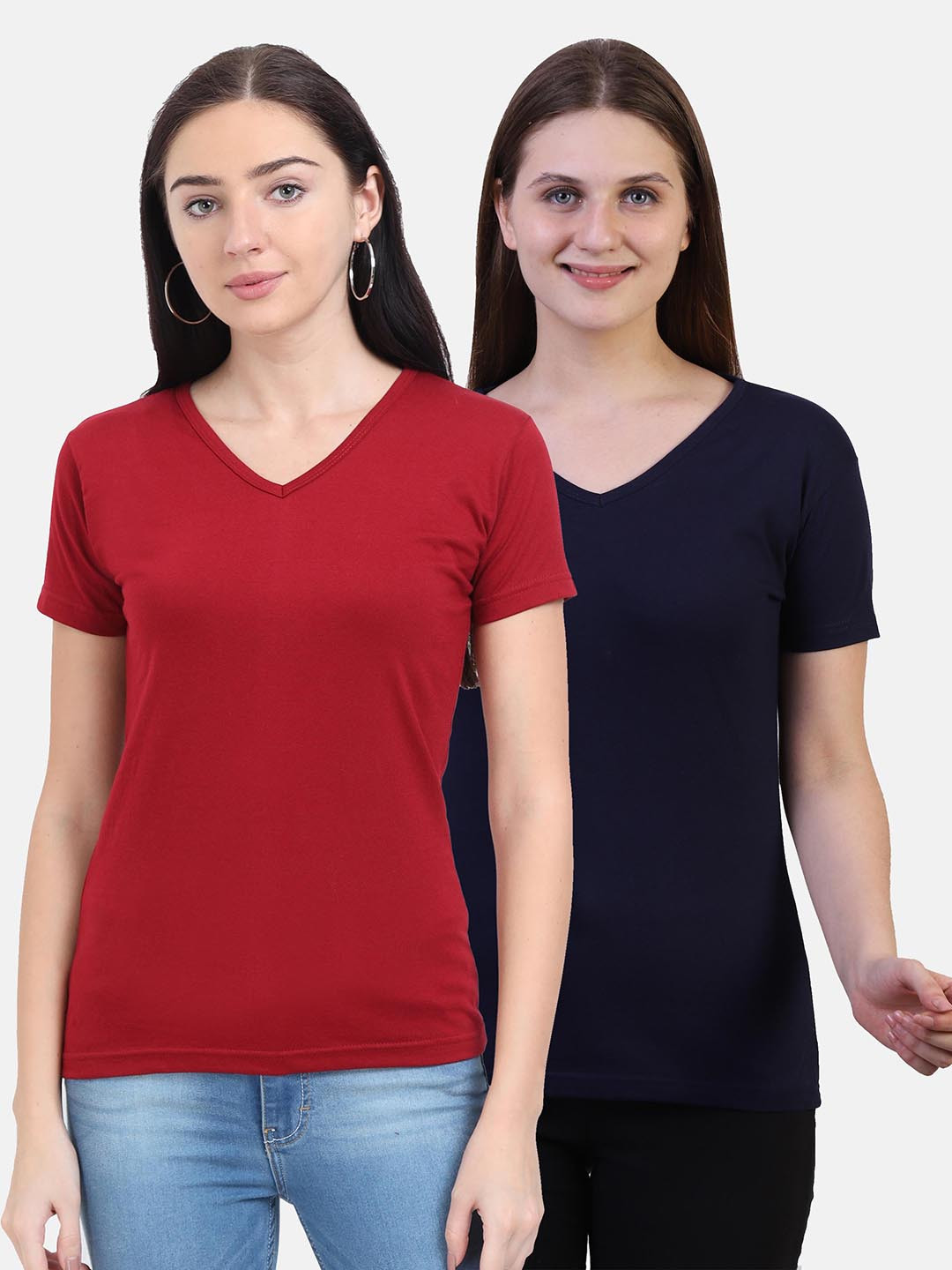 Fleximaa Women Navy Blue & Maroon 2 V-Neck T-shirt