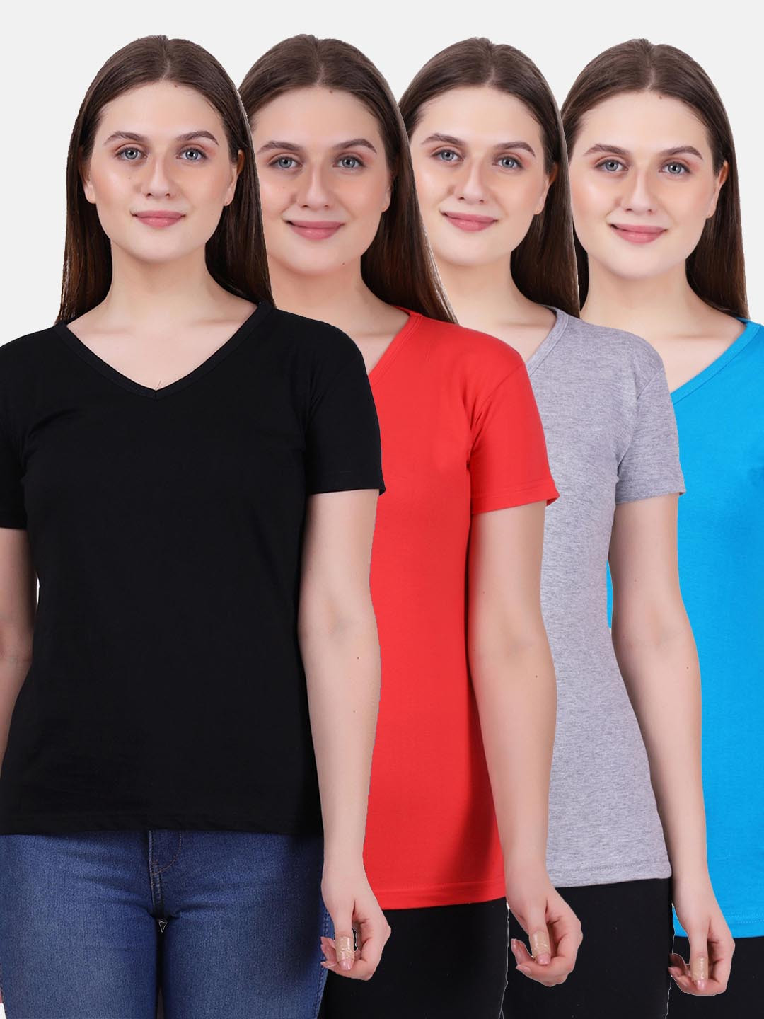 Fleximaa Women Set Of 4 V-Neck Cotton T-shirt