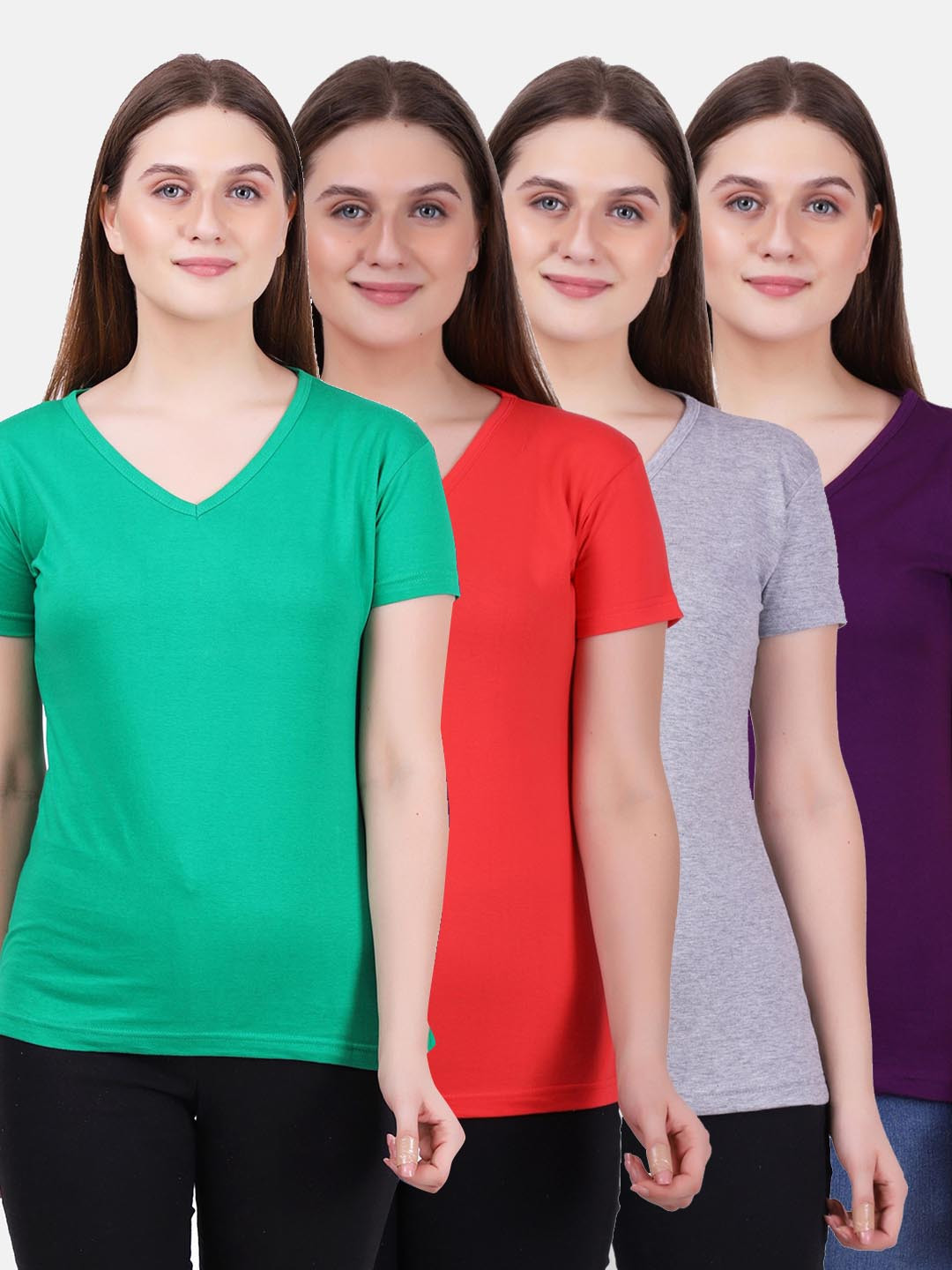 Fleximaa Women Green & Grey 4 V-Neck T-shirt