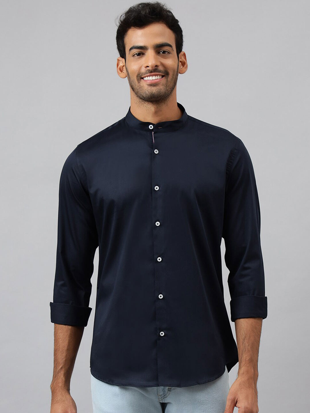 MR BUTTON Men Navy Blue Slim Fit Casual Shirt