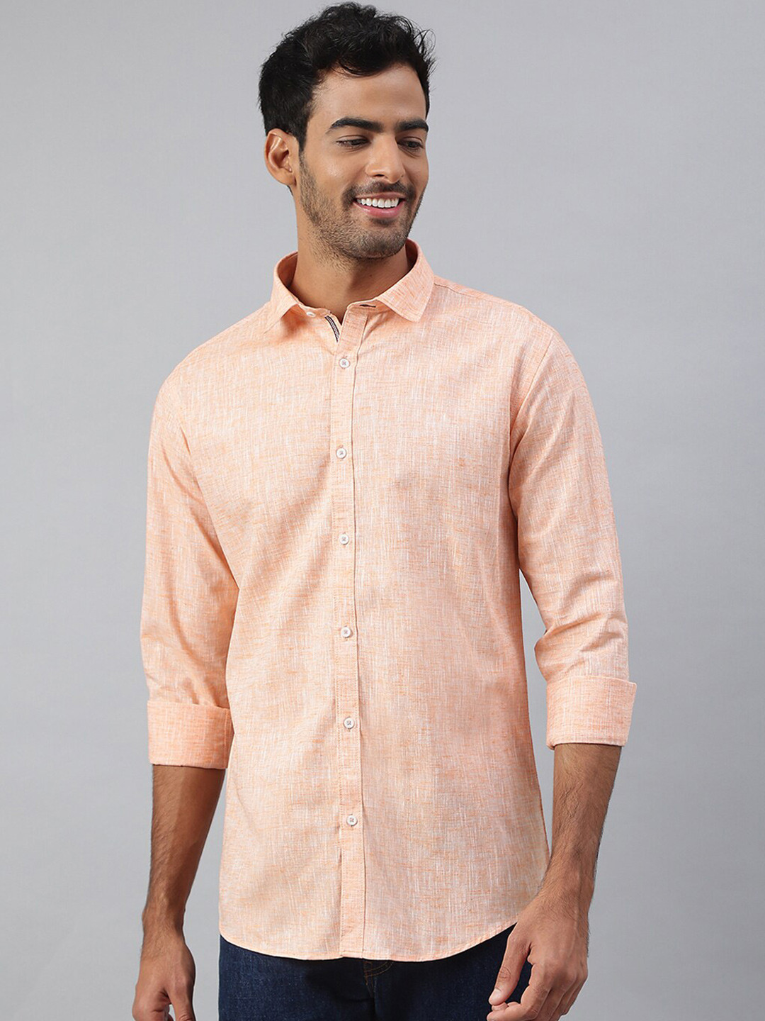 MR BUTTON Men Orange Slim Fit Cotton Linen Casual Shirt