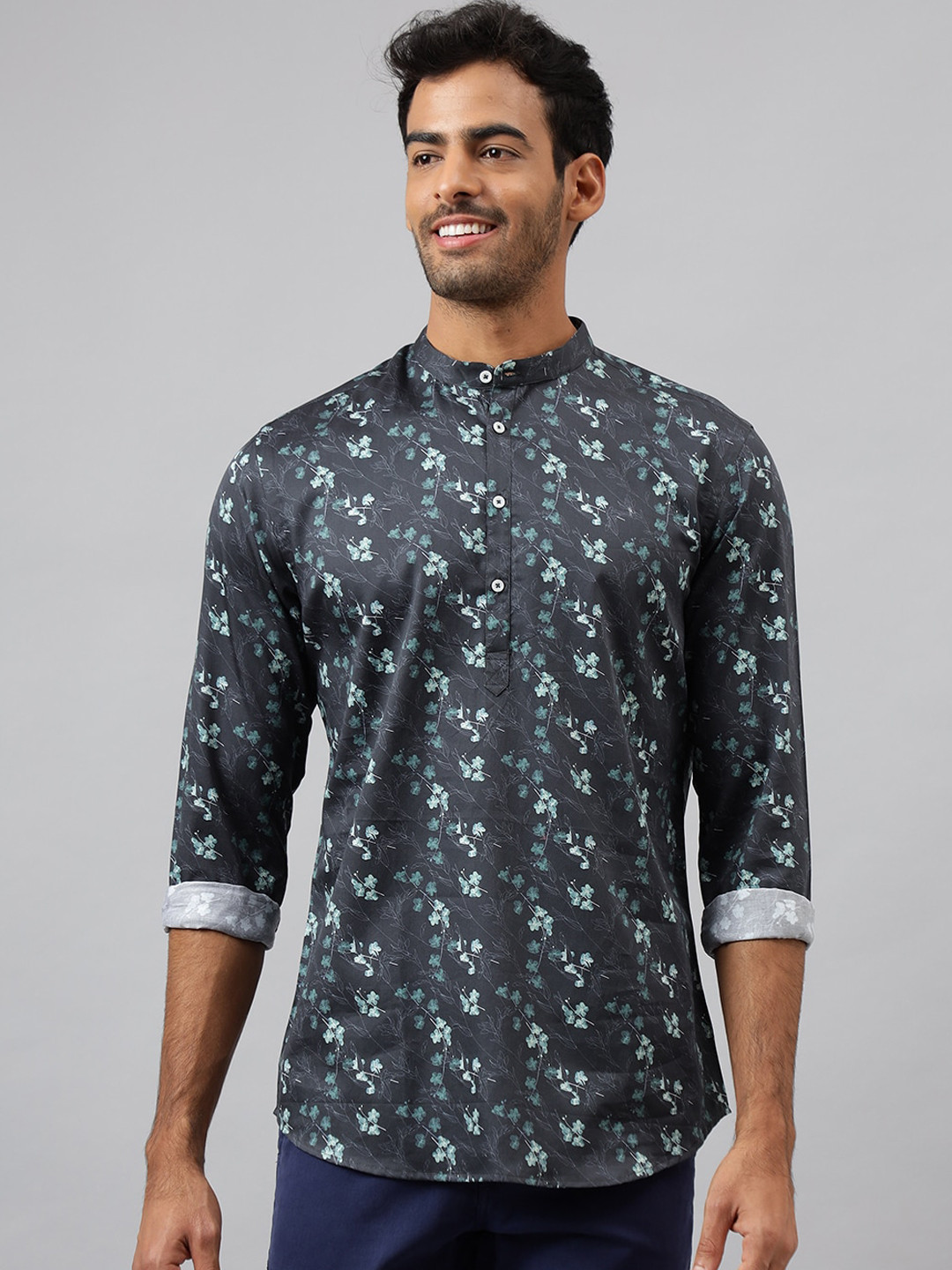 MR BUTTON Men Charcoal & Turquoise Blue Floral Printed Kurta