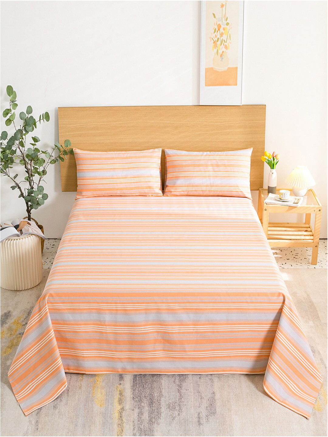 JC HOME Orange Striped Polycotton 144 TC King Bedsheet with 2 Pillow Covers-106 x 91 inches