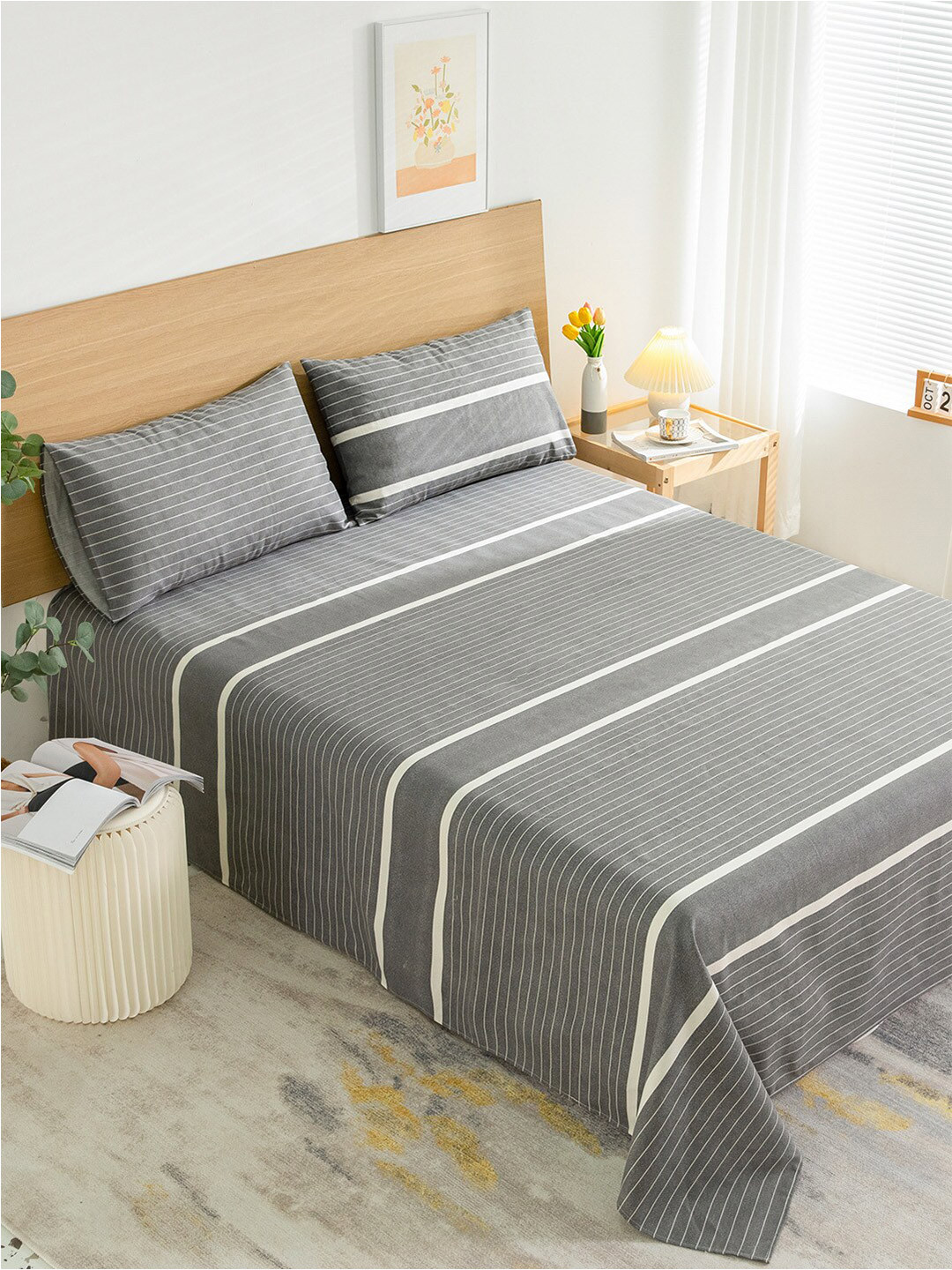 JC HOME Grey Striped Polycotton 144 TC King Bedsheet -91 x 106 inches