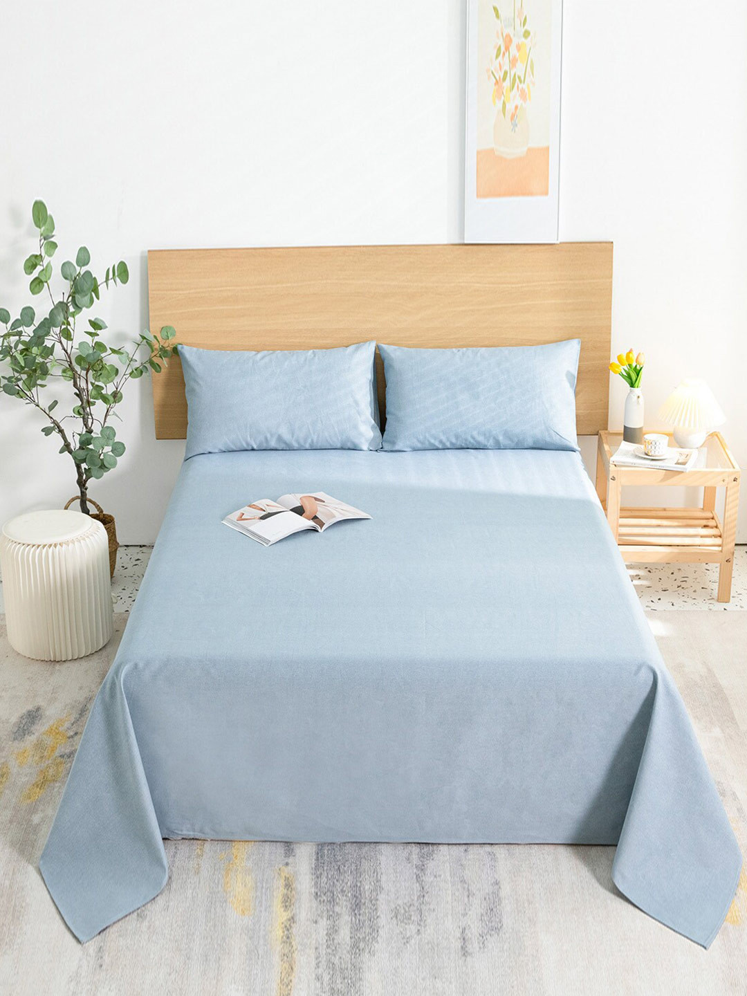 JC HOME Blue Polycotton 144 TC King Bedsheet with 2 Pillow Covers-106 x 91 inches