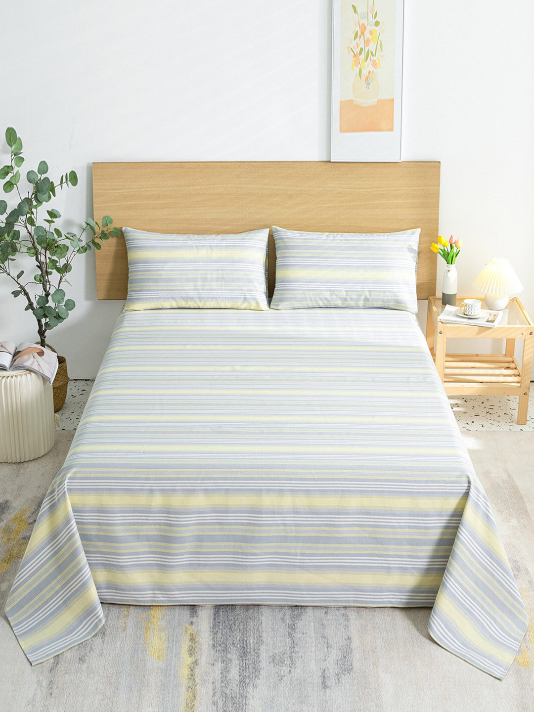 JC HOME Royal Passion Grey Striped Polycotton 144 TC King Bedsheet with 2 Pillow Covers-106 x 91 inches