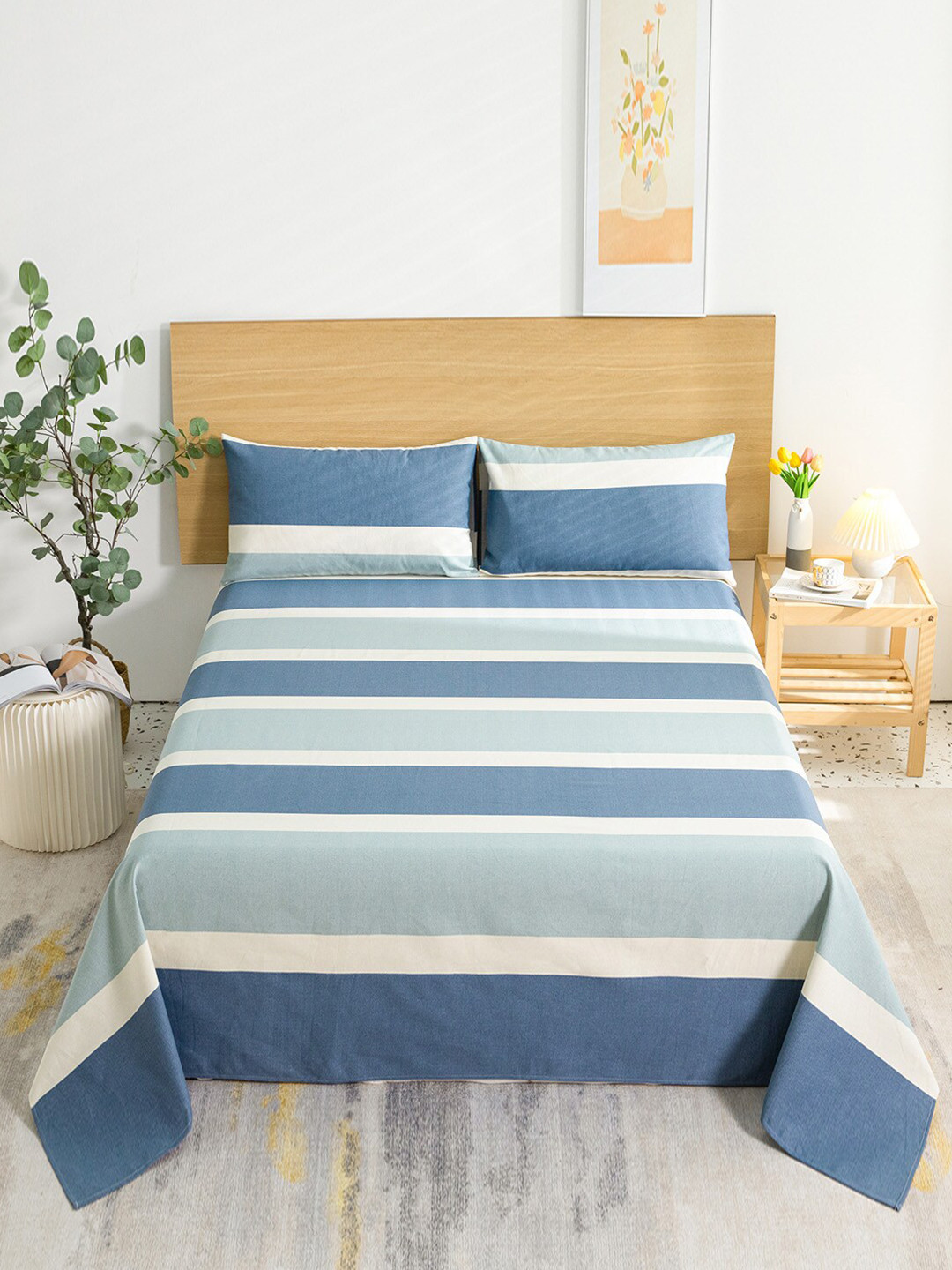 JC HOME Blue Striped Polycotton 144 TC King Bedsheet with 2 Pillow Covers-270 mx 230 cm