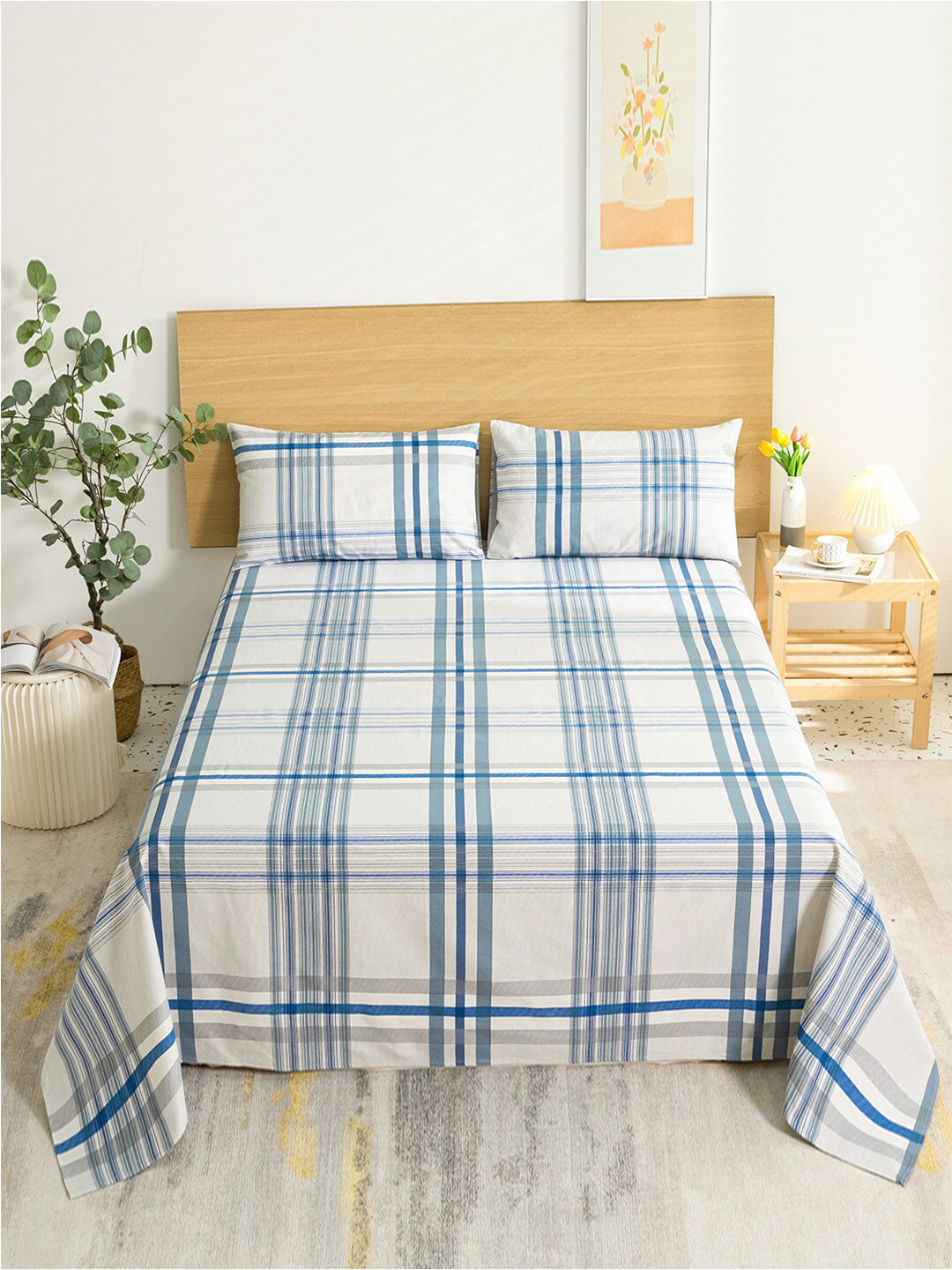 JC HOME Marigold Blue Geometric Polycotton 144 TC Double Bedsheet with a Pillow Cover-59 x 91 inches
