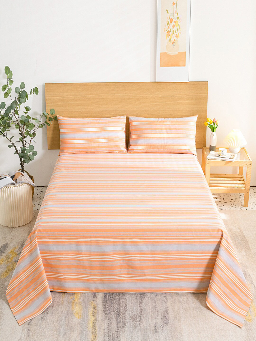 JC HOME Orange Striped Polycotton 144 TC Single Bedsheet with 2 Pillow Covers-150 x 230 cm