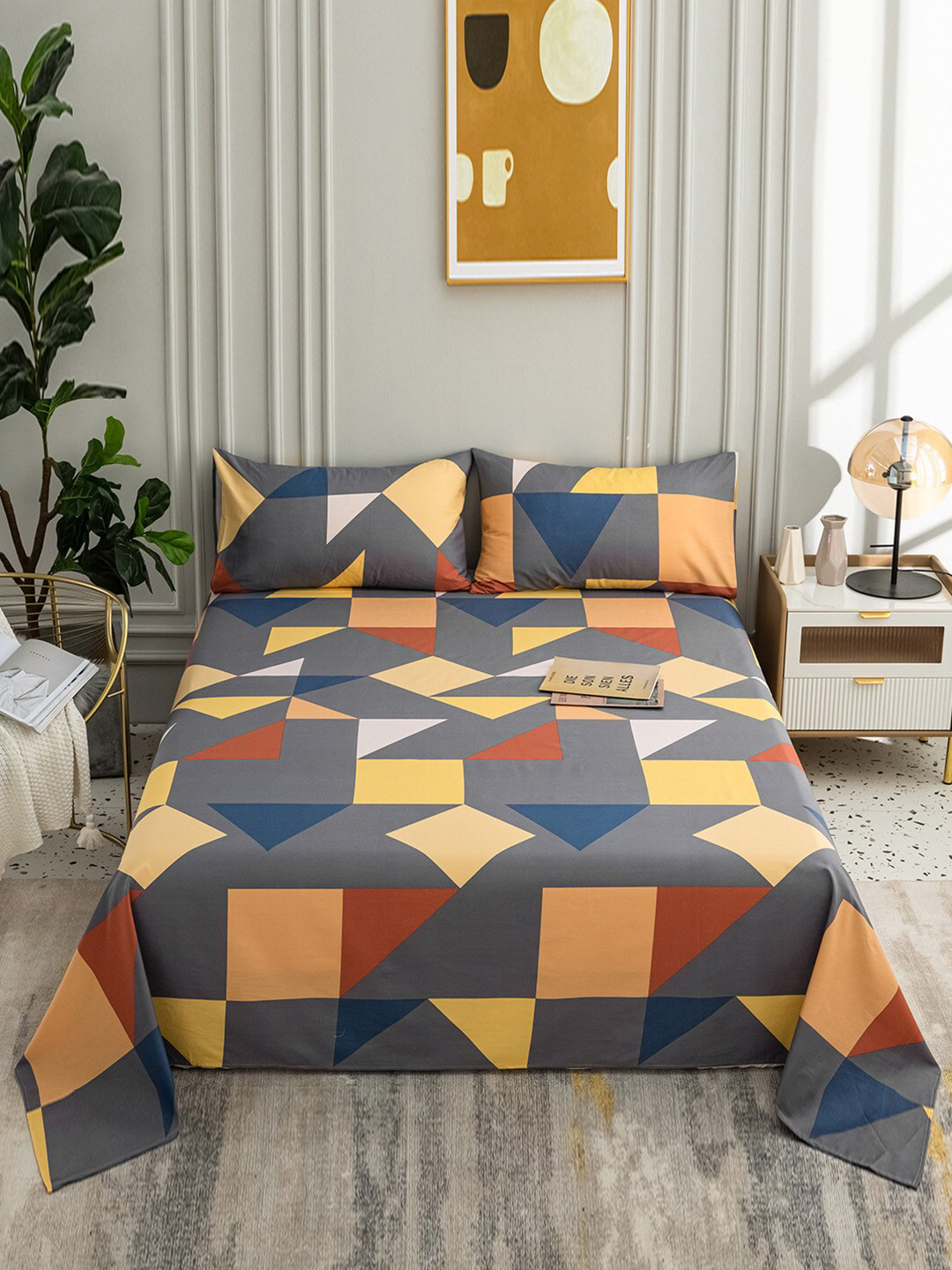 JC HOME Grey Geometric Pure Cotton Skin-Friendly 200 TC Queen Fine Bedsheet with 2 Pillow Covers-91 x 79 inches