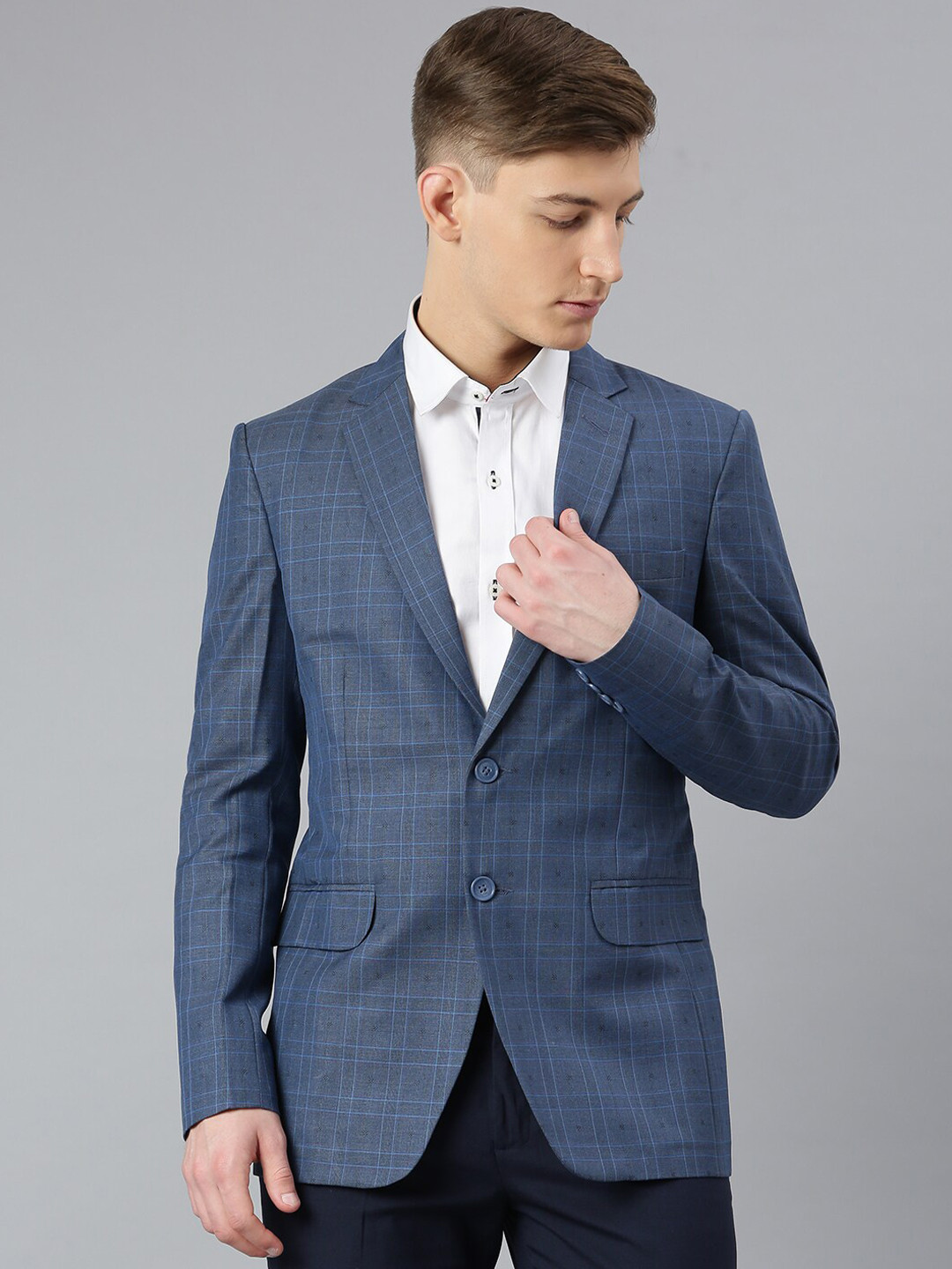 MR BUTTON Men Grey Checked Slim-Fit Single Breasted Blazer