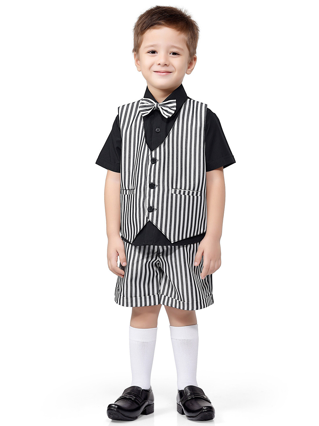 Jeetethnics Boys White & Black Striped Shirt with Shorts