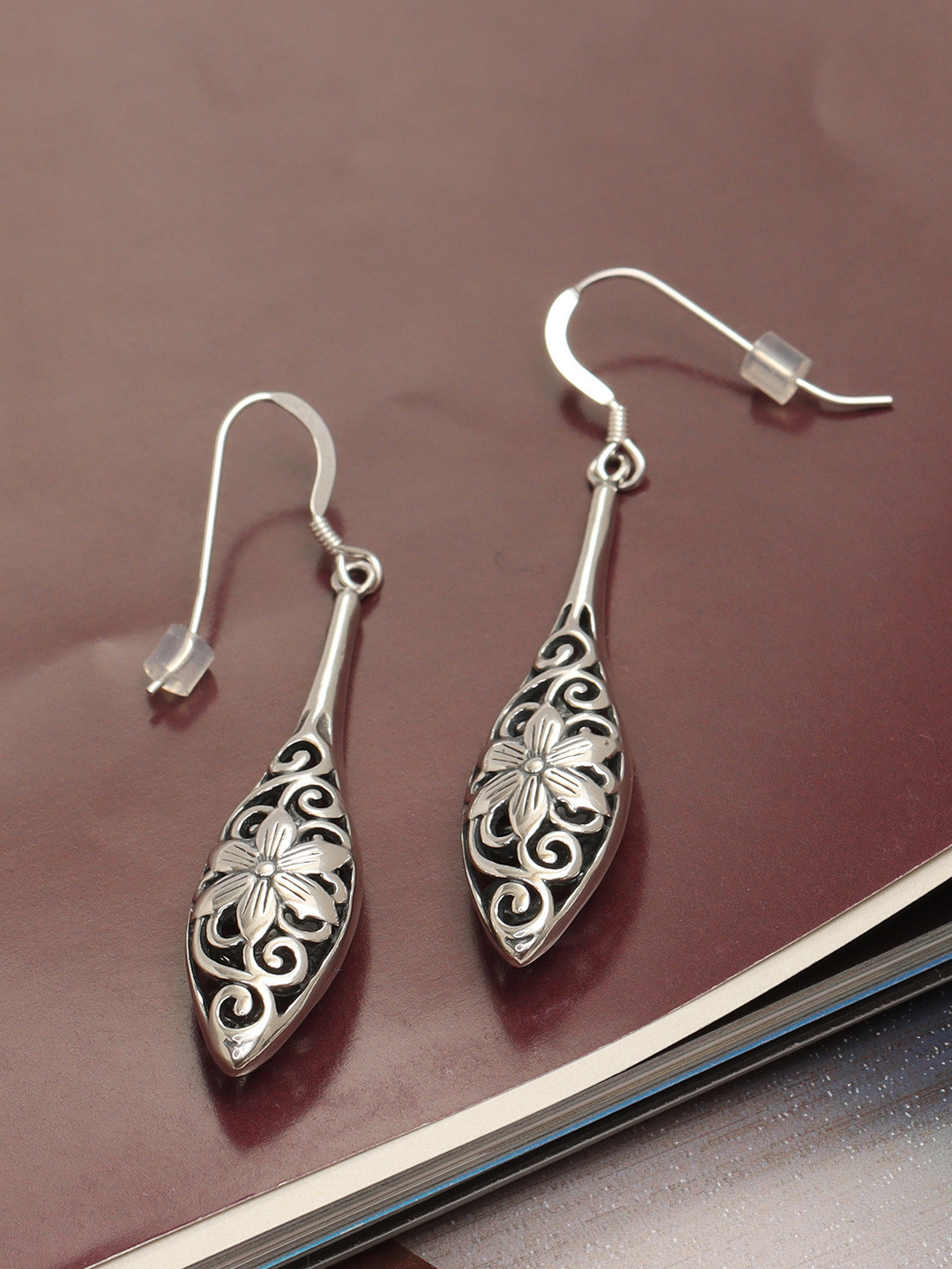 LeCalla Silver-Toned Teardrop Shaped Filigree Drop Earrings