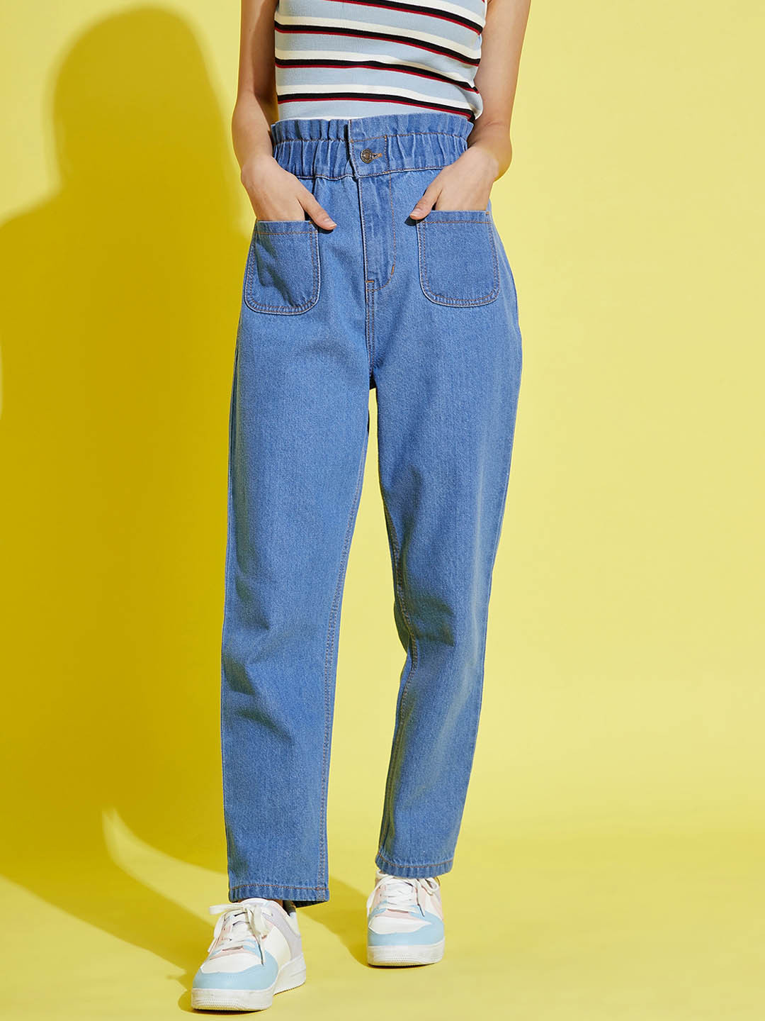 Noh Voh - SASSAFRAS Girls Blue Mom Fit Paper Bag Jeans