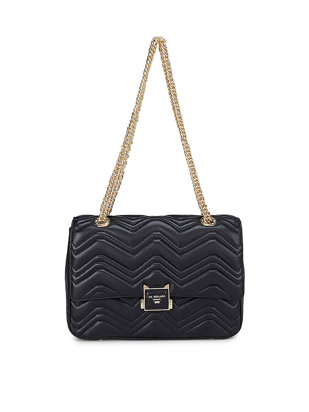Da Milano Black Textured Leather Structured Shoulder Bag with Quilted