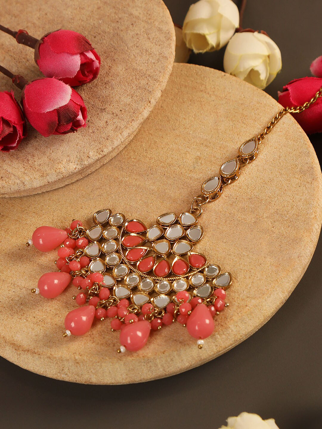 AccessHer Women Gold-Plated & Red Mirror Kundan Embellished Maang Tikka
